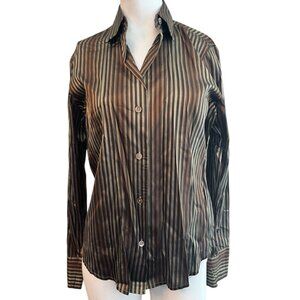 Ellen Tracy Linda Allard Size 4 Silk Blouse Black Bronze Metallic Striped Top